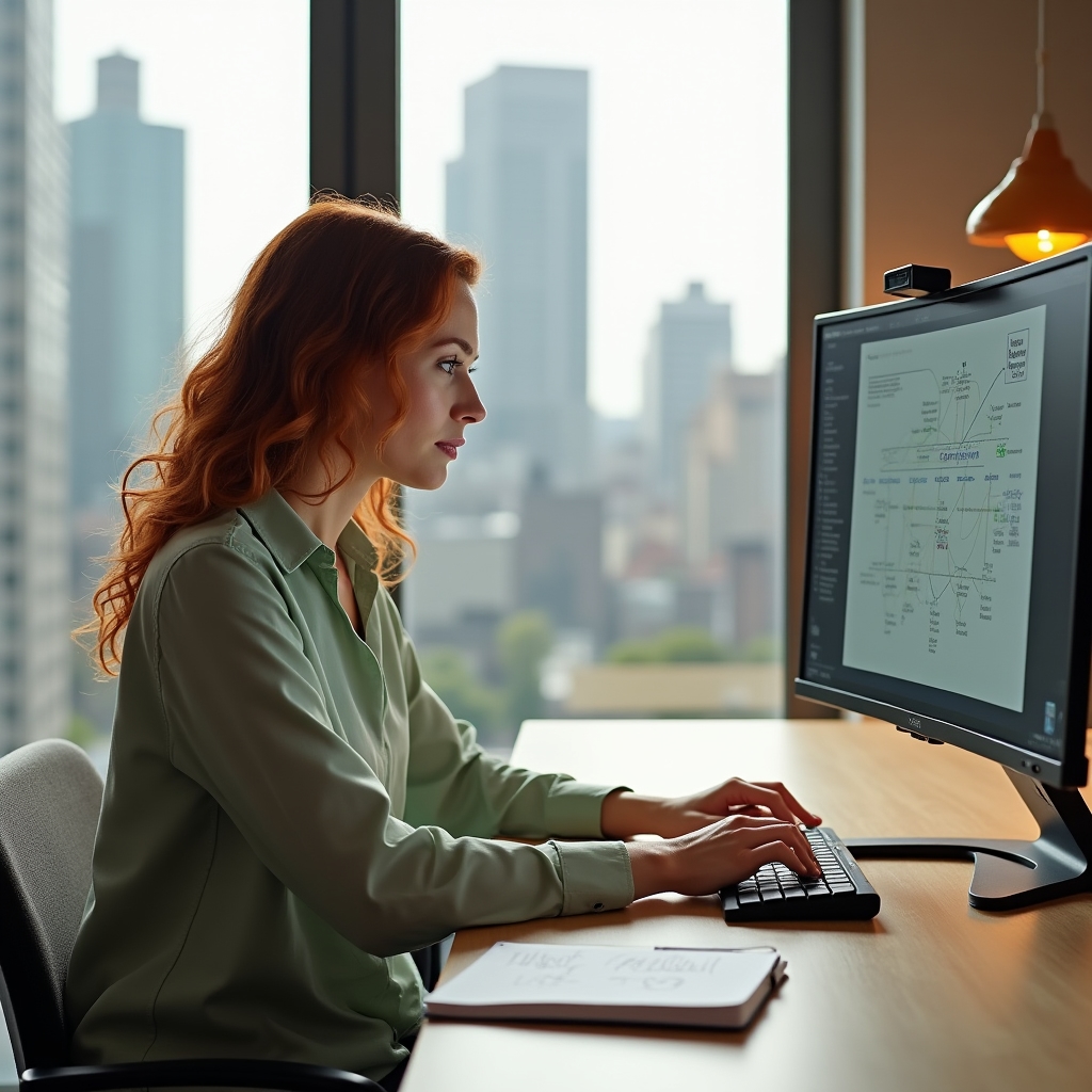 Manager engaged in online training program on laptop in modern office environment