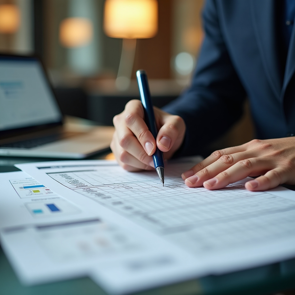 Evaluation scorecard framework documents spread on a clean modern desk with notebook