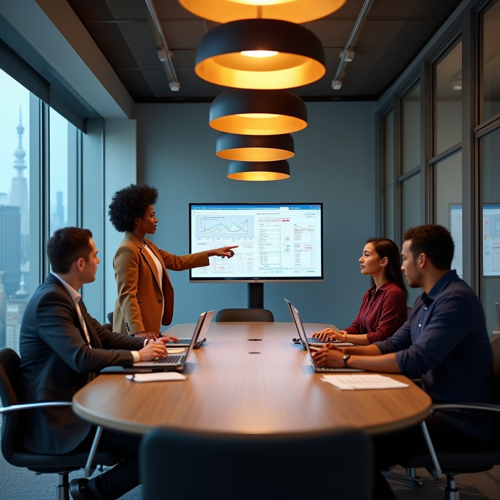 Management team discussing software options in a modern conference room