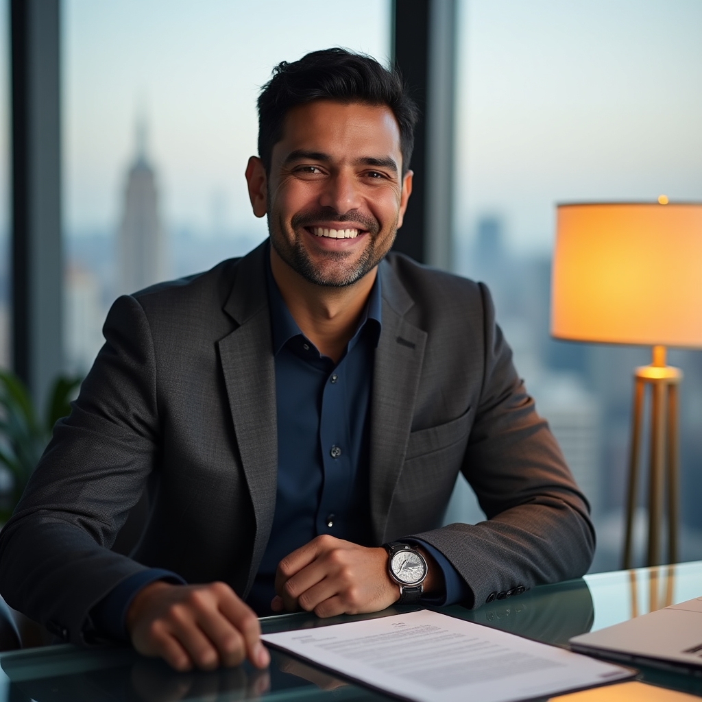 Advisory specialist working with documents and laptop in penthouse office setting