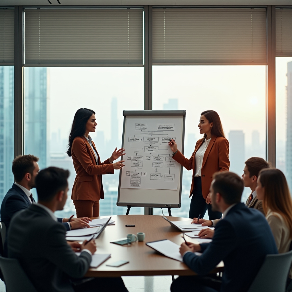 Professional training workshop with managers learning evaluation frameworks