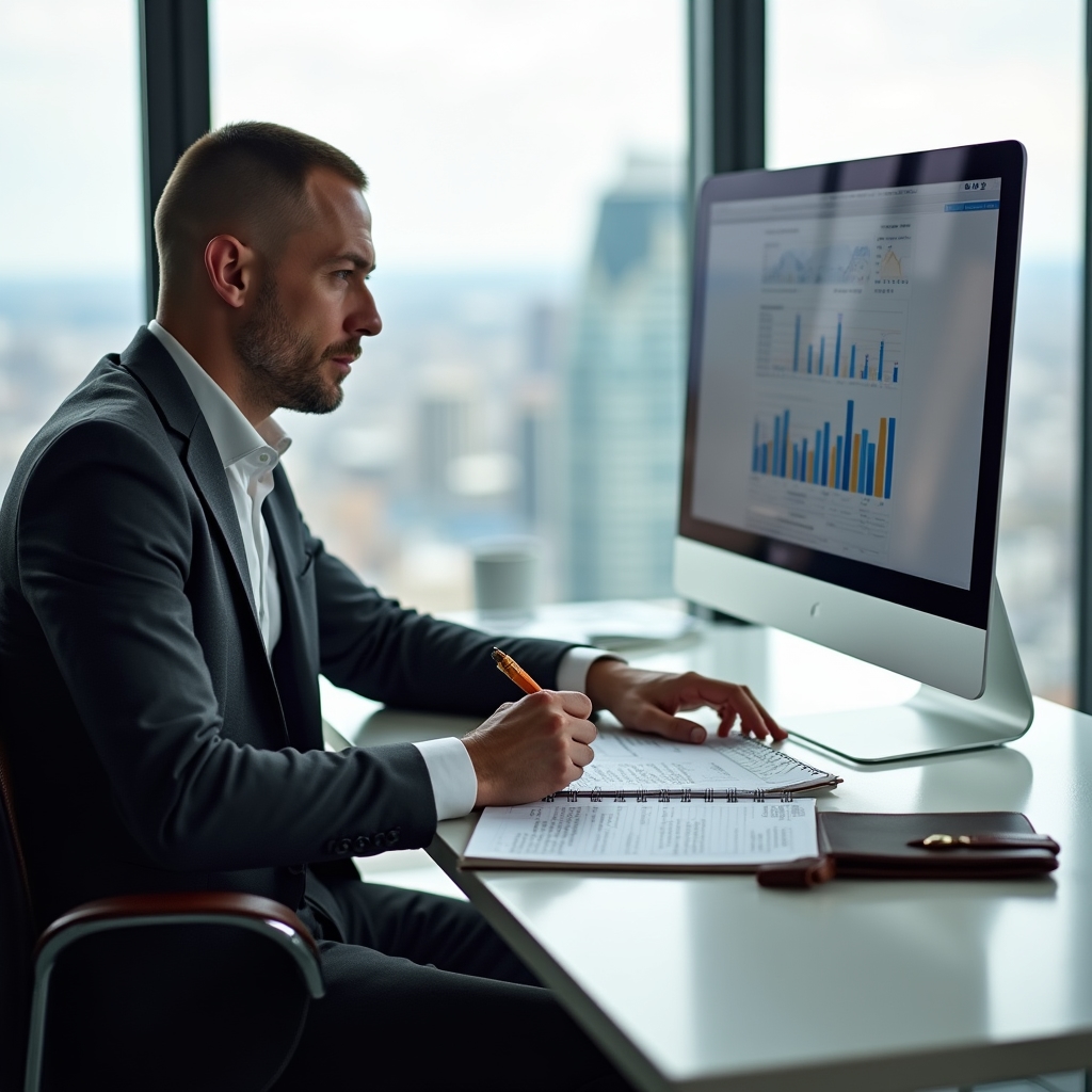 Manager evaluating a vendor software demonstration with structured notes